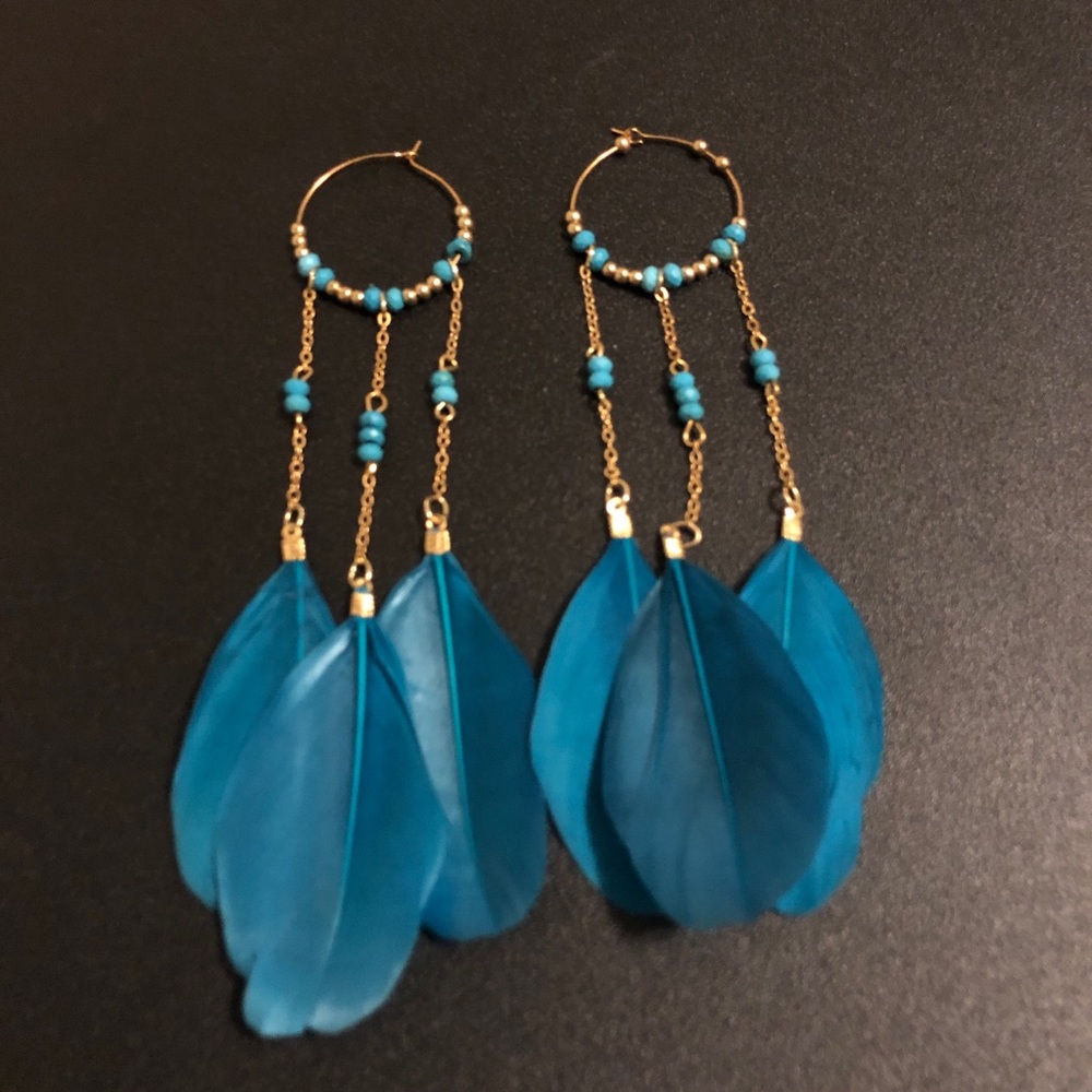 Gold Tone Hoop Earrings with Turquoise Blue Color Feather Drops